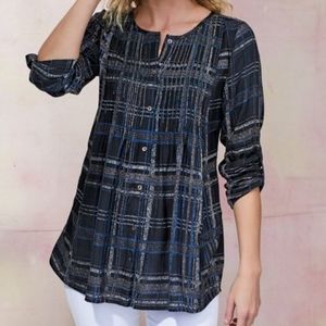 Soft Surroundings NWT Black And Blue Plaid Beaded Campania Tunic Top Size PL